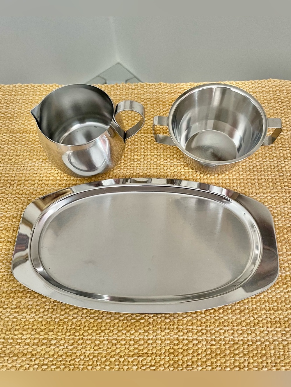 Vintage 1960s, Lundtofte Denmark Stainless Steel Creamer, Sugar Bowl & Tray MCM